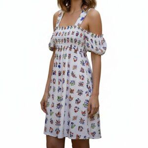 Anthropologie Botanical Print Smocked Cut-Out Midi Dress Size M